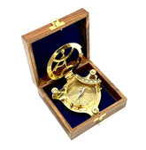 Brass Golden Sun-Clock Compass with Wooden Box Vintage Nautical Sundial Working Compass Pocket Style Collectible Decorative Item